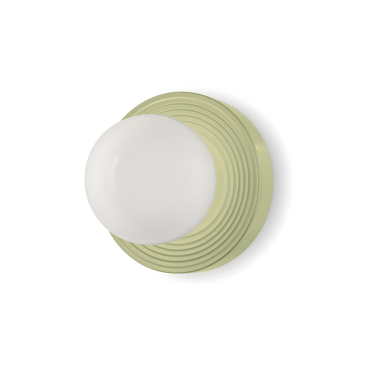 Round wall light fixture with a greenish-beige base on a white background