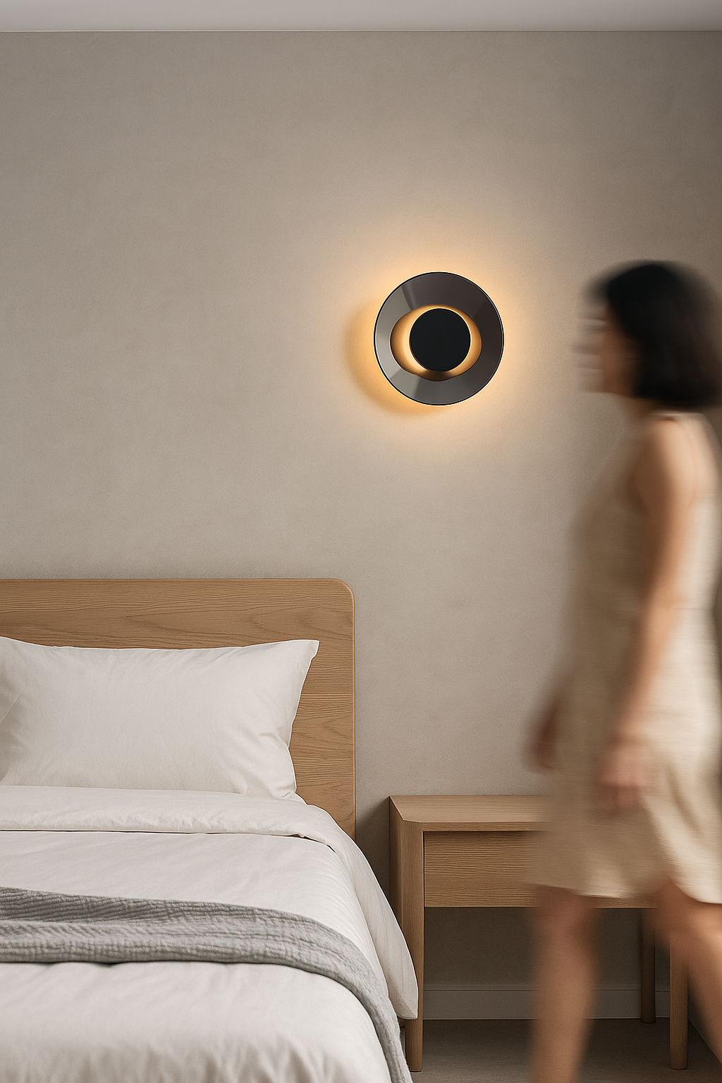 Glass circular wall lamp placed next to a bed in a bedroom