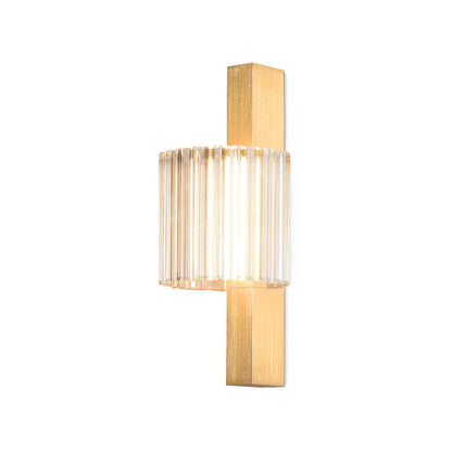 Modern wall sconce with gold finish and clear glass on a white background, featuring a 'NEW' label.