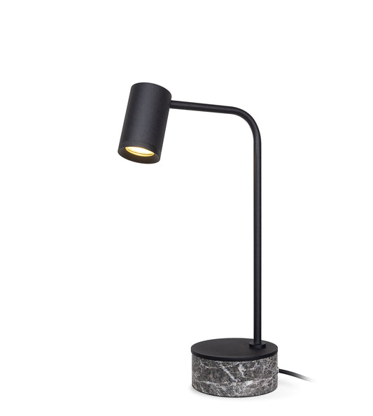 Black table lamp with marble base on a white background